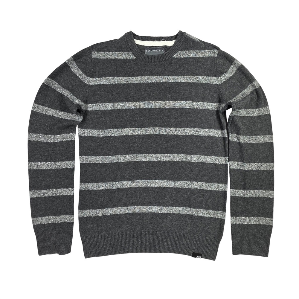 Aeropostale A87 Mens Small Gray Striped Crewneck Cotton Wool Blend Sweater